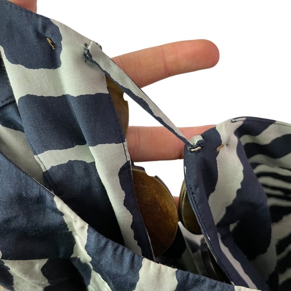 Tibi Silk Wooden Decor Blouse 6 navy white geometric cotton striped balloon - Picture 10 of 13